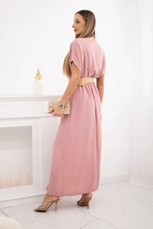 Sukienka długa z ozdobnym paskiem ciemny pudrowy róż