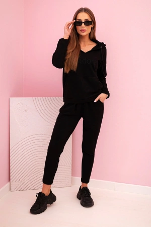 Komplet dresowy bawełniany damski z kapturem i nadrukiem czarny