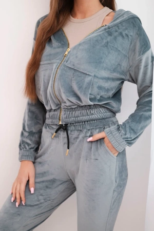Komplet damski welurowy z bluzą na zamek i spodniami ze ściągaczem szary