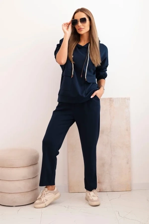 Komplet damska masełkowy bluza z kapturem i spodniami z paskiem granatowy
