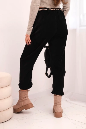 Spodnie damskie z wiskozy z apaszkowym paskiem czarne