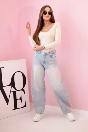 Bluzka body damska z długim rękawem i głębokim dekoltem beżowa