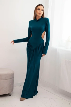 Sukienka damska z wiskozą długa z golfem i odkrytymi plecami morska