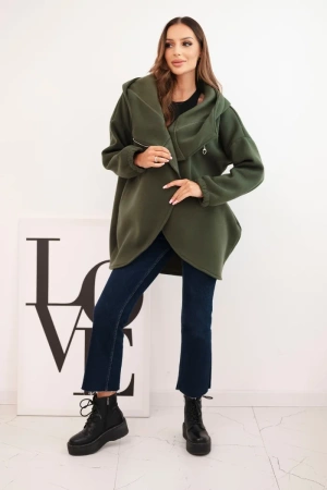 Bluza damska ocieplana z kapturem i asymetrycznym zamkiem khaki