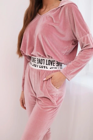 Komplet welurowy z kapturem pudrowy róż