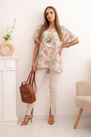 Bluzka damska bawełniana z motywem motyli z krótkim rękawem beżowa