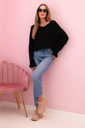 Sweter damska z moheru z marszczonymi rękawami i wycięciem na plecach czarny