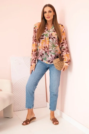 Koszula damska wiskozowa z kołnierzykiem w kwiatowy wzór pudrowy róż