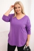 Bluzka damska bawełniana Plus Size z dekoltem V i podwijanym rękawem fioletowa