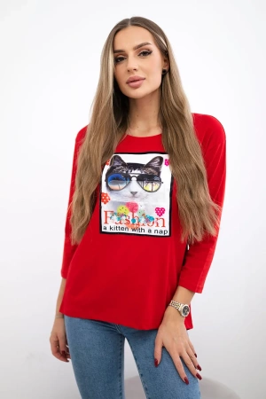 Bluzka z grafiką kota 3D czerwona