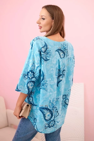 Bluzka damska bawełniana z podwijanym rękawem i wzorem paisley turkusowa