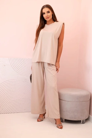 Komplet damski z wiskozy bez rękawów i prostymi spodniami ciemny beżowy
