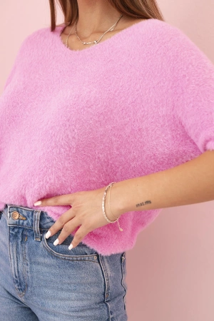 Sweter damski z miękkiego włosia z dekoltem V krótki rękaw jasno różowy