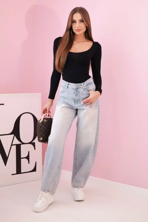 Bluzka body damska z długim rękawem i głębokim dekoltem czarna