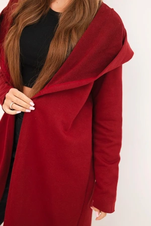 Narzutka damska z bawełny z kapturem i wydłużonym przodem bordowa