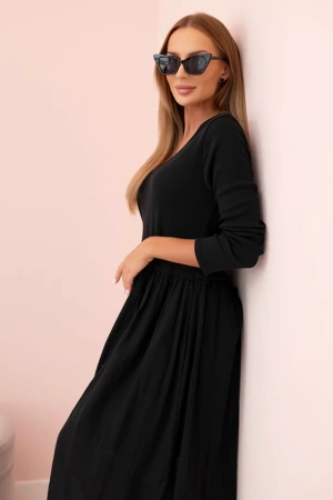 Sukienka damska z bawełną z długim rękawem i dekoltem V czarna