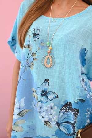 Koszula damska bawełniana w motyle i kwiaty turkusowa