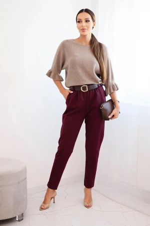 Spodnie damskie wiskozowe z paskiem i zwężaną nogawką bordowe