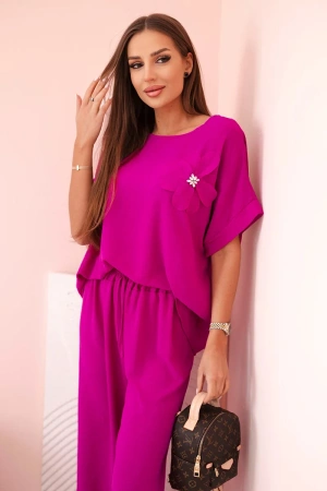 Komplet damski z wiskozy z ozdobnym kwiatem i szerokimi spodniami ciemny fioletowy