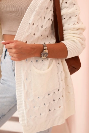Kardigan damski ażurowy z kieszeniami ecru