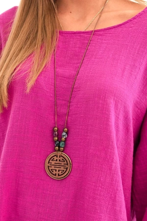 Komplet damski z wiskozy bluzka z naszyjnikiem oraz spodnie fioletowy