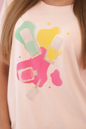 Bluzka damska bawełniana z krótkim rękawem i kolorowym nadrukiem pudrowy róż