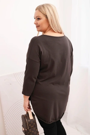 Bluzka damska bawełniana Plus Size z dekoltem V i podwijanym rękawem brązowa