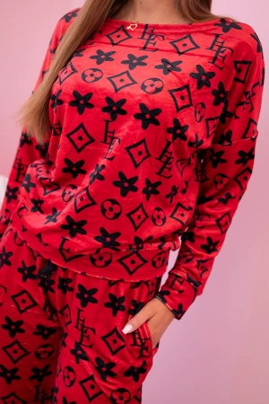 Komplet damski z weluru w monogram czerwony