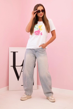 Bluzka damska bawełniana z krótkim rękawem i kolorowym nadrukiem biała