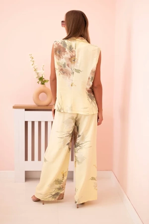 Komplet damska z wiskozy kamizelka i spodnie w kwiaty żółty