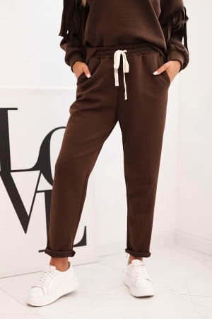 Komplet damski masełkowy z frędzlami na rękawach brązowy