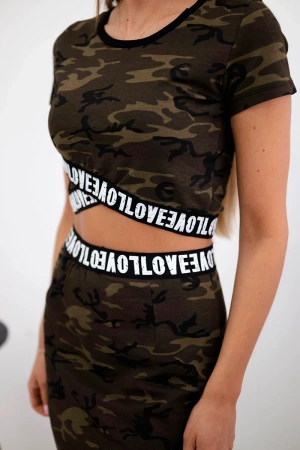 Komplet bluzki ze spódniczką moro khaki+zielony
