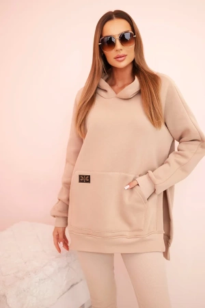 Komplet damski bawełniany bluza z kapturem i legginsy z wysokim stanem beżowy