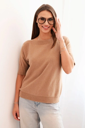 Sweter damski z wiskozy z krótkim rękawem camelowy