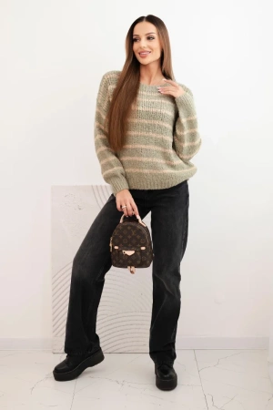 Sweter damski w paski z wełną o luźnym kroju khaki