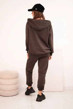 Komplet damski bawełniany z kapturem i zamkiem brązowy