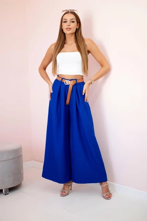 Spodnie z paskiem i szeroką nogawką chabrowe