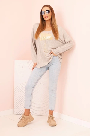 Bluzka damska z wiskozy z długim rękawem i złotym kwiatowym nadrukiem beżowy melanż