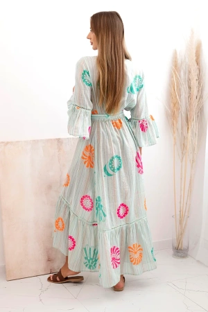 Narzutka damska boho z haftem miętowa