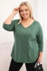 Bluzka damska bawełniana Plus Size z dekoltem V i podwijanym rękawem ciemne khaki