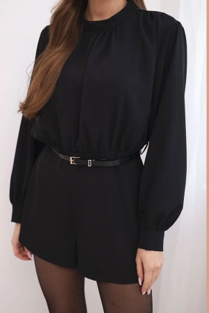 Kombinezon damski z paskiem i długim rękawem czarny