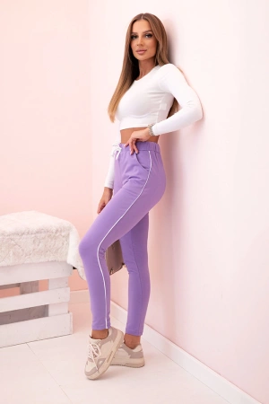 Spodnie dresowe damskie z lampasem i wiązaniem w pasie fioletowe