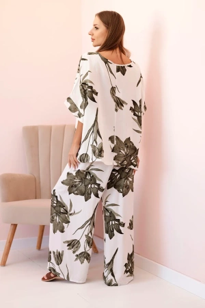 Oversizowy komplet damski z wiskozy z kwiatowym wzorem khaki
