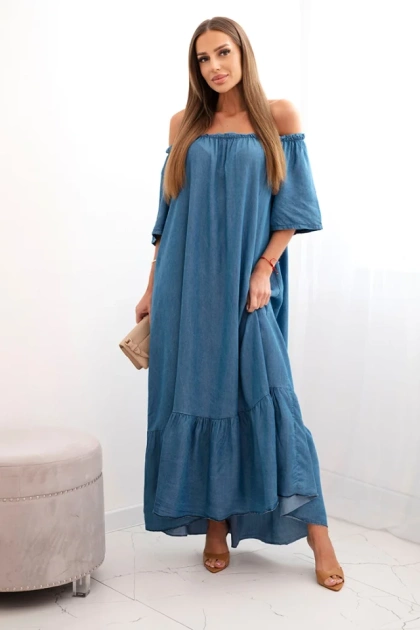 Sukienka damska z krótkim rękawem i falbaną ciemno jeansowa