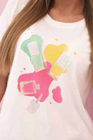 Bluzka kobiet bawełniana z krótkim rękawem i kolorowym nadrukiem ecru