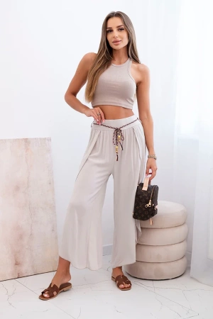 Spodnie damskie z wiskozy z rozcięciem na nogawkach ciemno beżowe