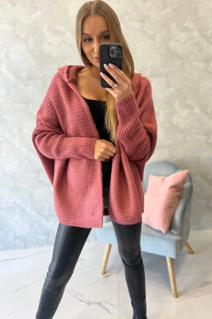 Sweter z kapturem i rękawami typu nietoperz ciemny różowy