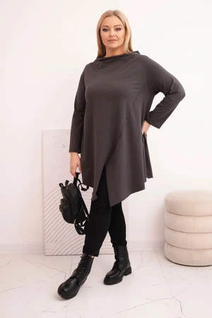 Bluzka damska bawełniana Plus Size asymetryczna z podwijanym rękawem grafitowa