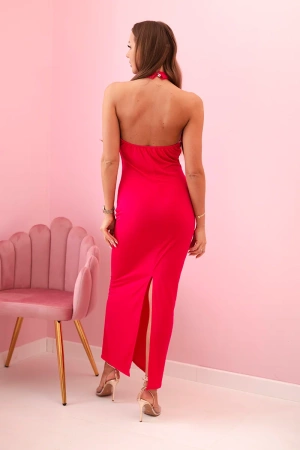 Sukienka damska maxi z odkrytymi plecami i marszczeniem fuksja