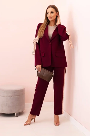 Komplet damska z wiskozą – marynarka z klapami i spodnie z lampasem śliwkowy